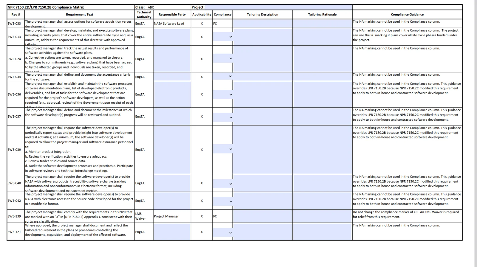 Compliance matrix showing requirement text, applicability, compliance, tailoring, and guidance columns.