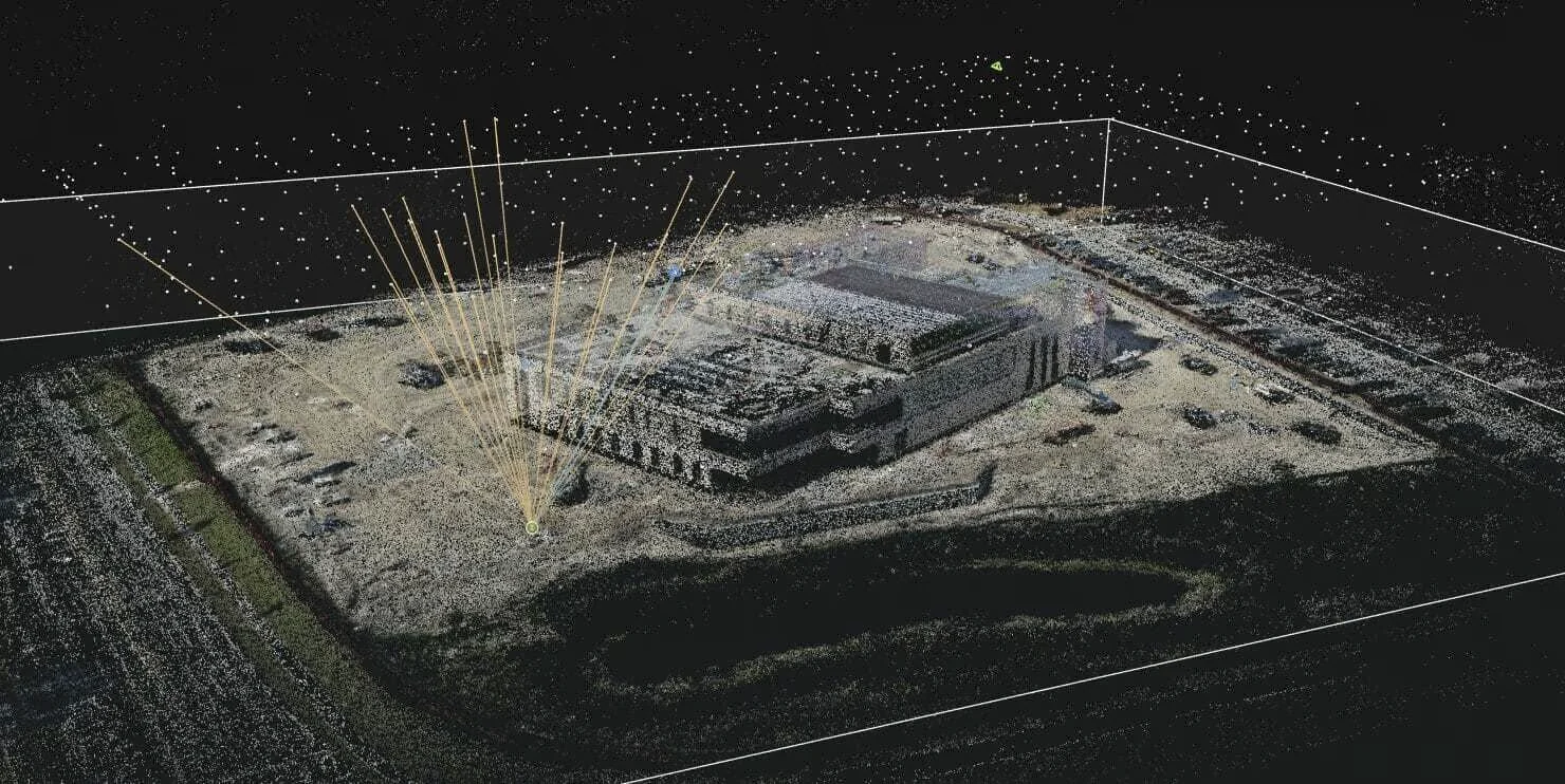 Gaussian splat scene render showing a reconstructed industrial site in a 3D viewer.